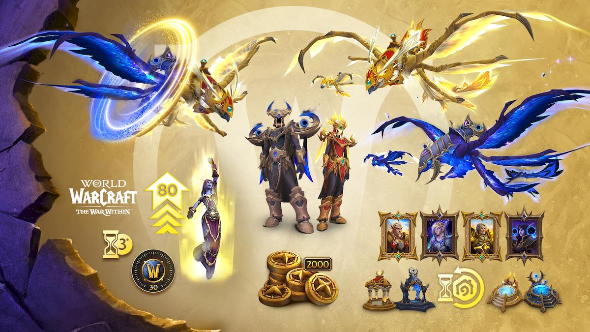 World of Warcraft: Midnight - Heroic / Epic Edition promotional poster, featuring the luminous, golden Lightwing Dragonhawk mount, void blue Voidwing Dragonhawk mount, colour-switching Voidlight Surger mount, matching void and light dragonhawk minipets, matching player armour sets, and a bunch of other goodies.